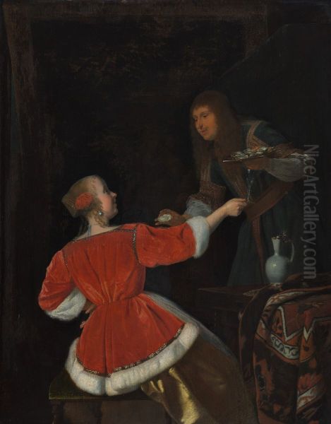 Man offering oysters to a woman - view 1