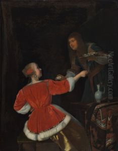 Man offering oysters to a woman by Jacob Ochtervelt