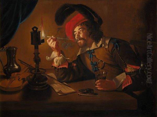 Soldier lighting his pipe from an oil lamp - view 1