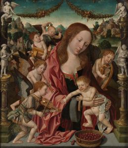 Maria met Kind en musicerende engelen by Jacob Cornelisz Van Oostsanen