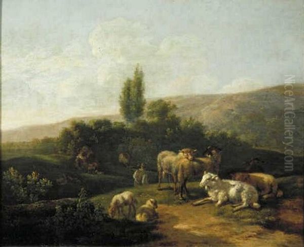 Italian evening landscape with flock and shepherd - view 1