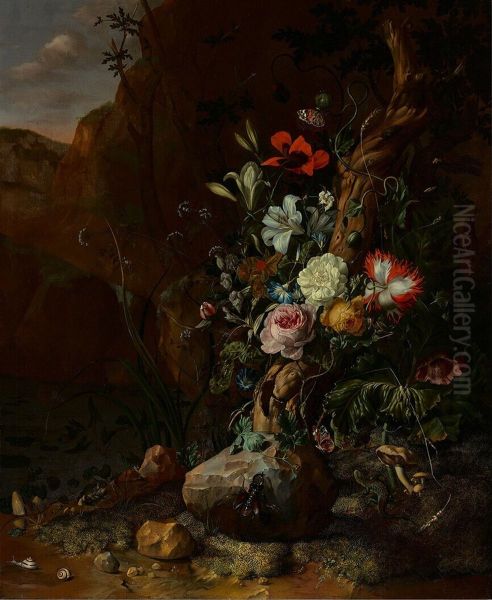 Boomstam, omgeven door bloemen en door vlinders en andere dieren - view 1