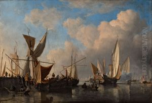 Havenhoofd met schepen en een vertrekkend jacht Havenhoofd met schepen en een vertrekkend jacht