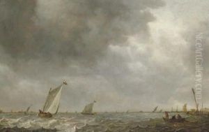 Sailing boats on a lake by Jan van Goyen