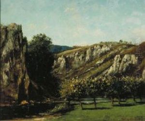 Berglandschap met vruchtbomen bij Ornans