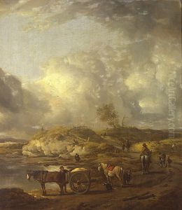 Duinlandschap met paard en wagen en ruiters by Philips Wouwerman