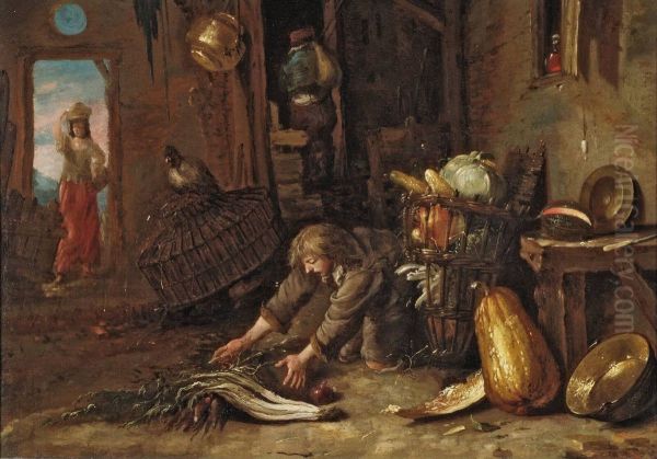 Farm interior with a young man collecting vegetables - view 1