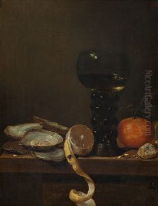 Oesters, een roemer en vruchten by Jan Jansz van de Velde