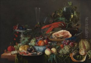 Pronkstilleven met ham, kreeft en vruchten