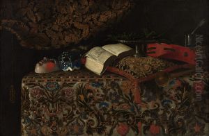Stilleven met maskers, boeken en muziekinstrumenten by Giuseppe Recco