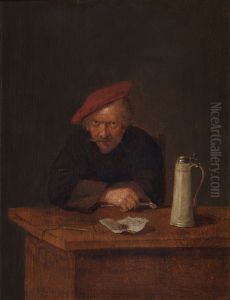 Man achter een tafel met pijp en bierkruik Man achter een tafel met pijp en bierkruik