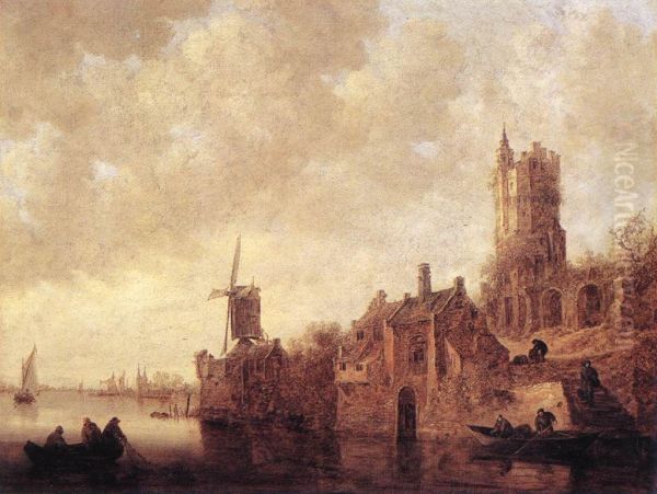 Paysage fluvial avec moulin et chateau en ruines - view 1