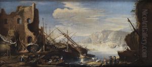 Fantasielandschaft mit Hafen, Ruine, anliegenden Schiffen, Schiffsteilen, Wracks, Schiffsbauern und Kauffahrteileuten