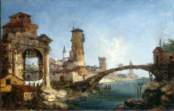 Fantastic landscape with ruins (Coastal landscape with a bridge). - view 1
