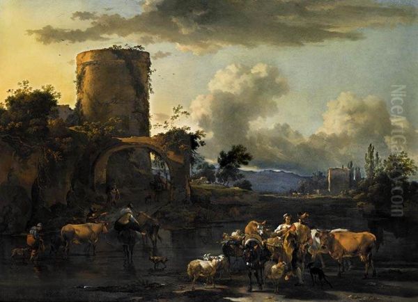 Italiaans landschap met herders en hun kudde bij een rivier - view 1