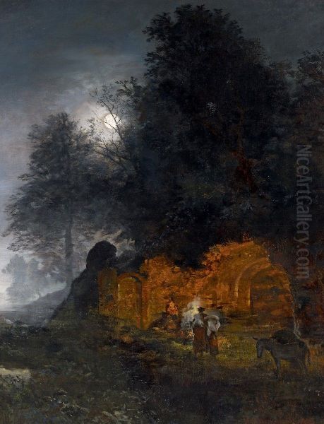 Ruinenlandschaft mit Hirten am Lagerfeuer. - view 1