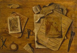 A trompe l'oeil with musical score, drawings and keys.