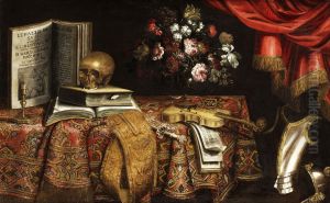 Vanitas-Stillleben mit Violine, Notenbuch, Blumenvase und Schadel by Pierfrancesco Cittadini