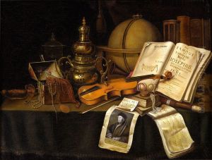 Stilleben mit Juwelen, Musikinstrumenten und Globus