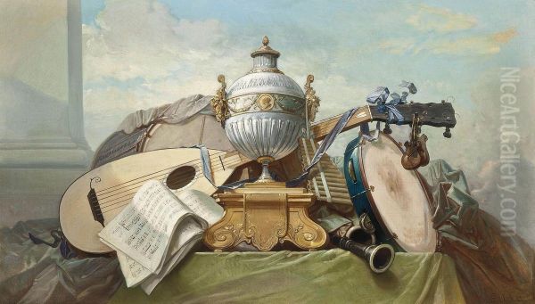 A lute, a tambourine, a panpipe, a clarinet, a drum, a score of music, and an urn on a plinth, on a draped ledge - view 1