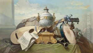 A lute, a tambourine, a panpipe, a clarinet, a drum, a score of music, and an urn on a plinth, on a draped ledge