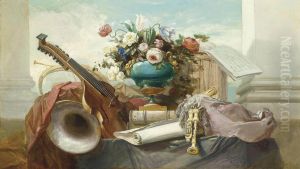 A Violin, Bagpipes, a Drum, a Music Score, and an Ormolu-Mounted Vase with Roses and Other Flowers on a Draped Ledge