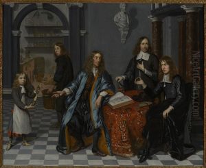 Collective portrait at the apothecary's in Delft, "In the mirror" by Cornelis De Man