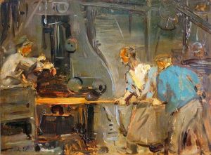 Arbeiter im Eisenwerk (Krupp) by Robert Sterl