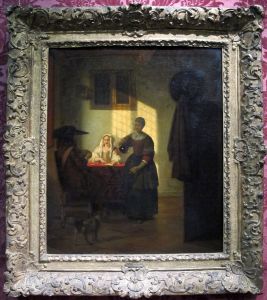 A Couple Playing Cards, with a Serving Woman by Pieter De Hooch