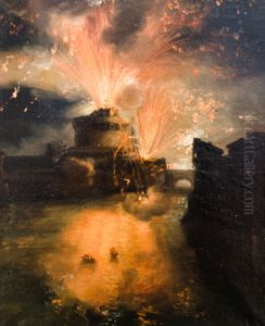 Feu d'artifice au chateau Saint-Ange a Rome by Leon Cogniet