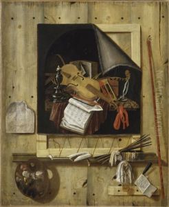 Trompe L'oeil with studio wall and vanitas still life