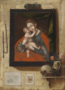 Trompe-l'oeil Painting with a Miraculous Image of Mary, a Skull and Wall Mounted Engravings