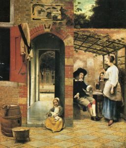 Zwei zechende Manner und eine Frau unter einer Gartenlaube im Hof Zwei zechende Manner und eine Frau unter einer Gartenlaube im Hof