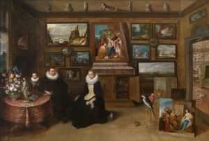 Portret van een familie in een kunstkamer