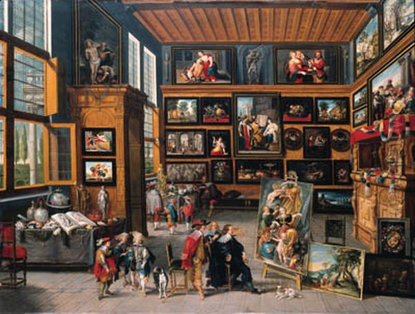 A spacious entrance hall: the walls hung with pictures, collectors' items on tables, and an artist showing a painting to a connoisseur - view 1