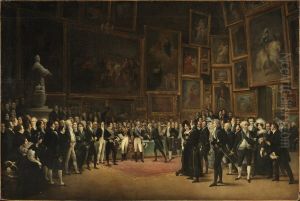 Charles X distribuant des recompenses aux artistes exposants du salon de 1824 au Louvre, le 15 Janvier 1825. by Francois Joseph Heim