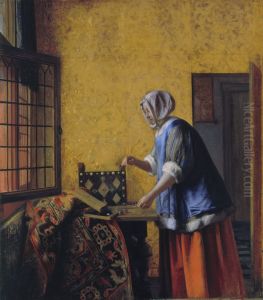 A woman with a pair of scales by Pieter De Hooch