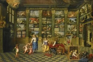 The allegorical female figures Nature and Pictura in an art-collection, with representative Antwerp canvasses by Gaspar de Witte