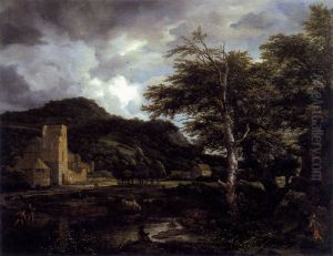 Bebost landschap met kasteelruine aan een landweg by Jacob Van Ruisdael