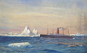 View of Steamship Carpathia passing along the edge of the ice flow after rescuing survivors of the Titanic