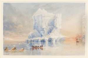 Admiral Sir George Back shows HMS Terror anchored near a cathedral-like iceberg in the waters around Baffin Island by George Back