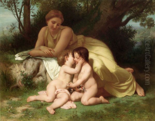Young Woman Contemplating Two Embracing Children - view 1
