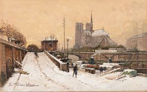 Barges in winter on the Seine with a view of Notre Dame in the distance. by Eugene Galien-Laloue
