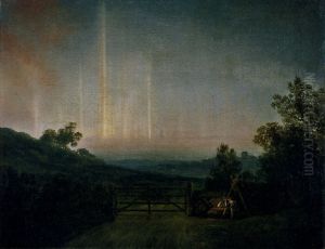 Landskab med nordlys. I baggrunden Middelfart Kirke. 'Forsog pa at male nordlyset' by Jens Juel