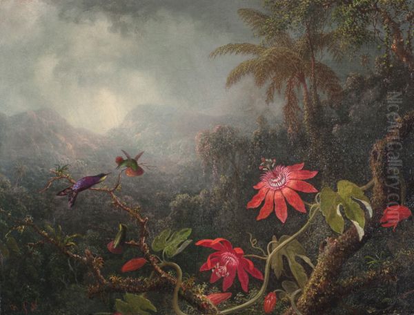 Passion Flowers with Three Hummingbirds - view 1