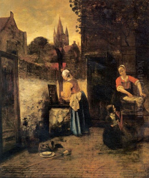 Two Women and a Child in a Courtyard - view 1