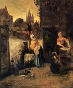 Two Women and a Child in a Courtyard by Pieter De Hooch