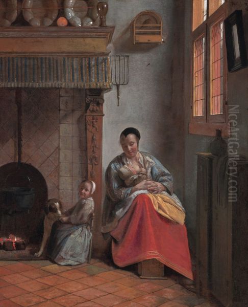 Woman nursing an infant, with a child and a dog - view 1