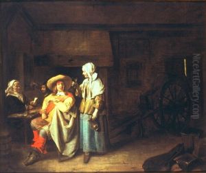 Interior of an inn with a soldier, a maid and cardplayers by Pieter De Hooch