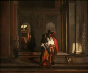 Couple strolling through the gallery in the town hall of Amsterdam